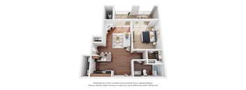 A 3D floor plan of a small apartment with a kitchen, living room, and bathroom.