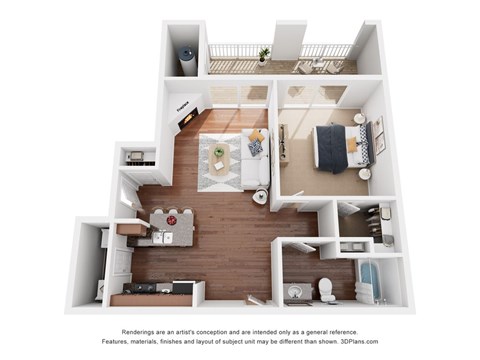 A 3D floor plan of a small apartment with a kitchen, living room, and bathroom.