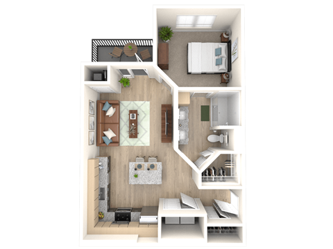 a 3d floor plan of a house with a bedroom and a living room