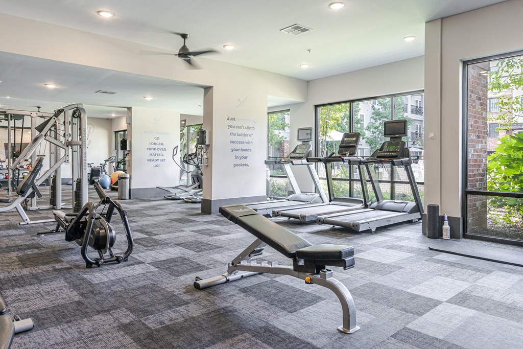 A gym with a variety of equipment including treadmills, weights, and a bench