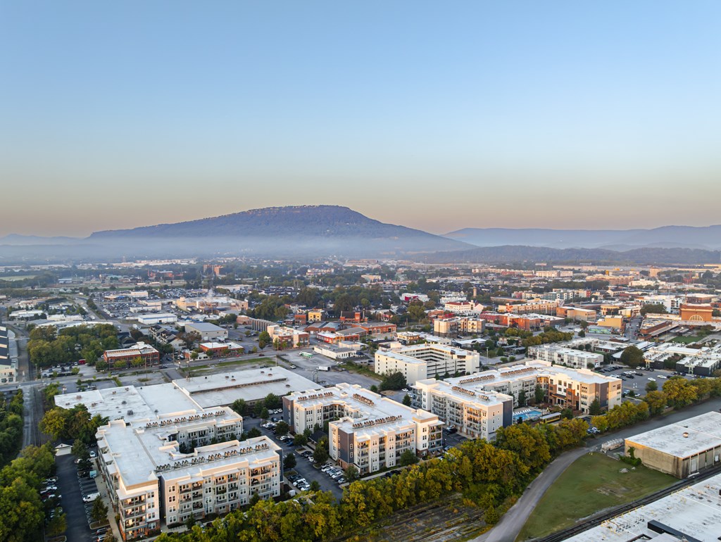 A cityscape with buildings and a mountain in the background.