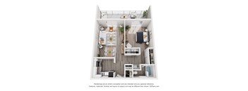 A 3D floor plan of a small apartment with a kitchen, living room, and bathroom.