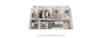 A 3D floor plan of a small apartment with a kitchen, living room, and bathroom.