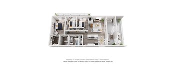 A 3D floor plan of a modern apartment with a living room, kitchen, and bedrooms.