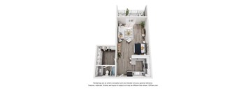A 3D floor plan of a small apartment with a kitchen, living room, and bathroom.