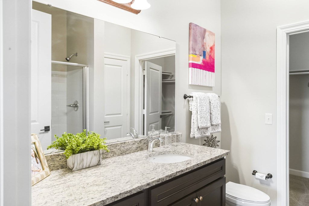 A bathroom with a sink, toilet, and a mirror.