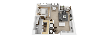 A top-down view of a modern apartment layout with a kitchen, living room, and bathroom.