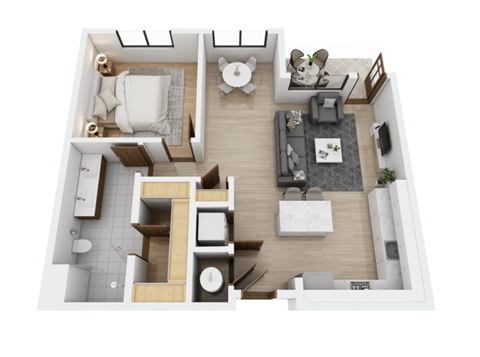 A top-down view of a modern apartment layout with a kitchen, living room, and bathroom.