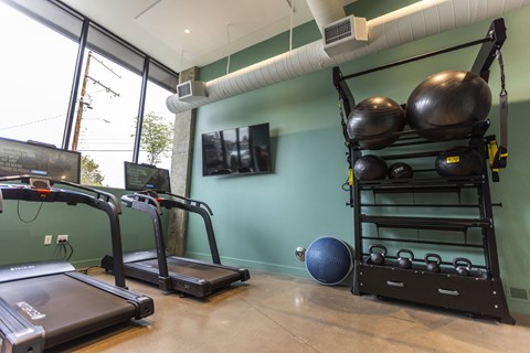 A gym with treadmills, a rowing machine, and a weight rack.