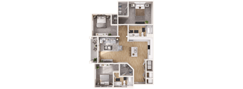 A detailed 3D floor plan of a small apartment.