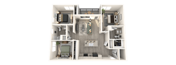 A 3D rendered image of a modern apartment layout.