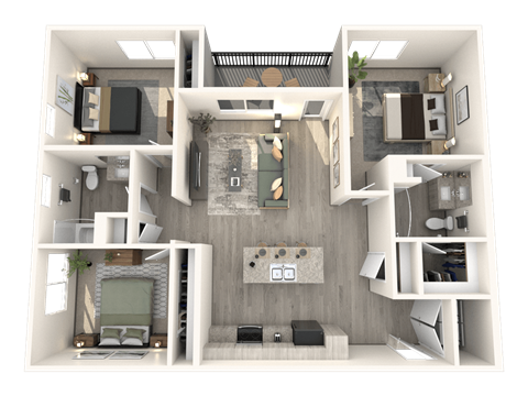 A 3D rendered image of a modern apartment layout.
