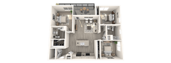 A 3D floor plan of an apartment layout with 3 bedrooms