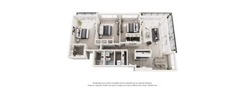 A 3D floor plan of a house with a kitchen, living room, and two bedrooms.