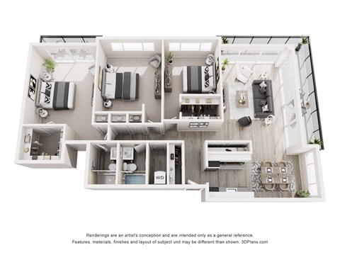 A 3D floor plan of a house with a kitchen, living room, and two bedrooms.