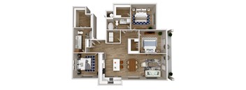 A 3D floor plan of a house with multiple rooms.