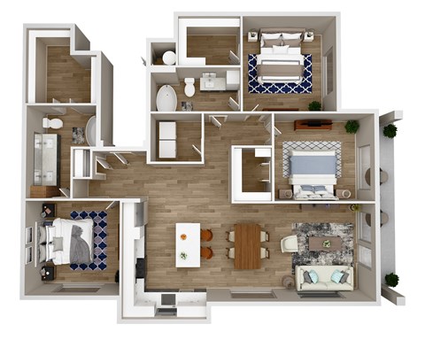 A 3D floor plan of a house with multiple rooms.