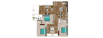 A floor plan of a house with a living room, two bedrooms, a patio, and a coat closet.