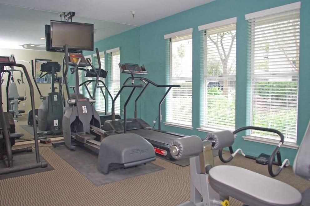 the gym has plenty of exercise equipment and a tv