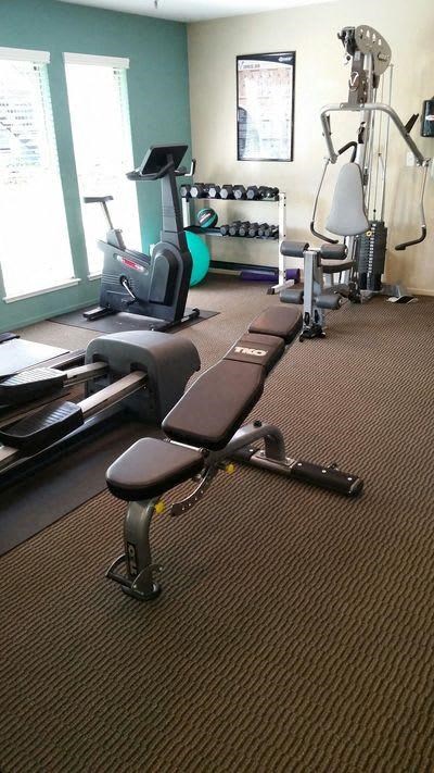 a gym with a row of exercise benches in it