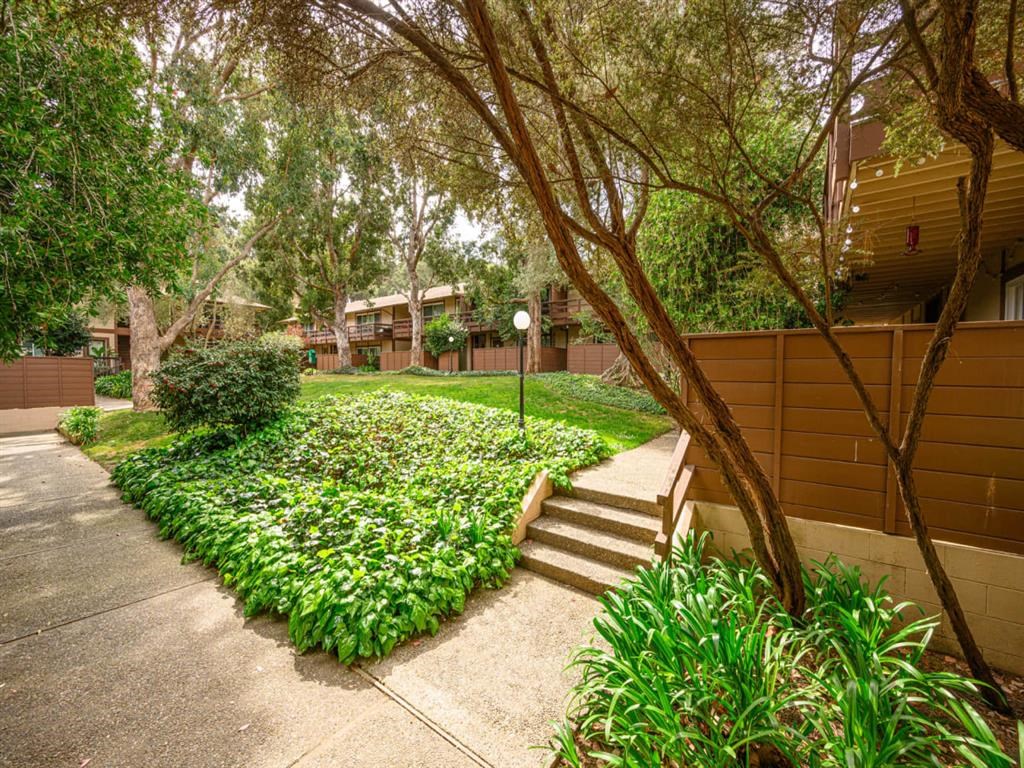 a courtyard with stairs and plants and trees