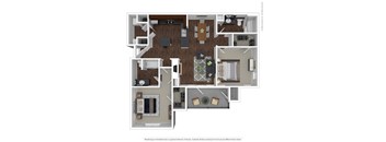 A floor plan of a house with a kitchen, living room, dining room, and bathrooms.