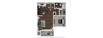 A 3D floor plan of a house with a kitchen, living room, and bathroom.