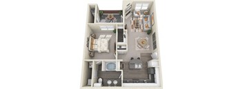 A 3D floor plan of a small apartment with a bedroom, living room, kitchen, and bathroom.