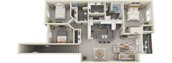 A detailed 3D floor plan of a multi-bedroom apartment.