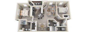A 3D floor plan of a house with a kitchen, living room, bedrooms, and bathrooms.