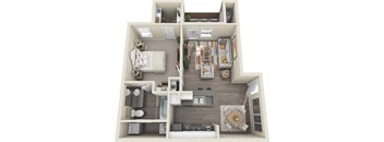 A 3D floor plan of a small apartment with a bedroom, living room, and kitchen.