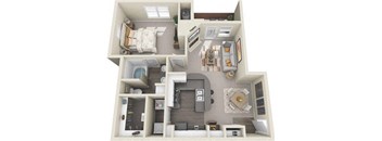 A 3D floor plan of a house showing a living room, kitchen, and two bedrooms.