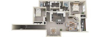 A floor plan of a house with a kitchen, living room, and two bedrooms.