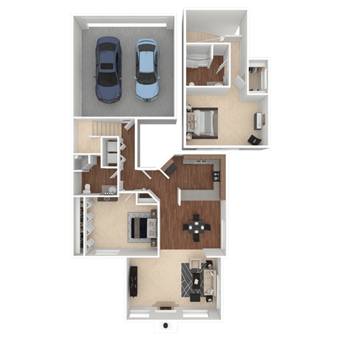 A floor plan of a house with two bedrooms, a living room, a kitchen, and a garage.