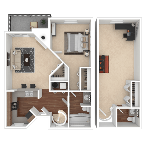 A 3D floor plan of a two-bedroom apartment.