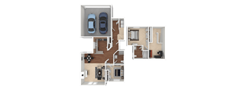 A floor plan of a house with two bedrooms, a living room, a kitchen, and a garage.