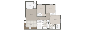 A floor plan with a kitchen, living room, dining room, and three bedrooms.