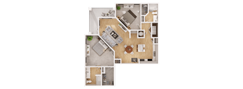 A top-down view of a house layout with a living room, kitchen, and bathroom.