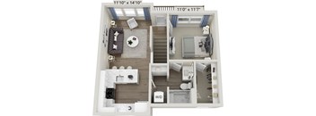 A floor plan of a small apartment with a living room, kitchen, and bedroom.
