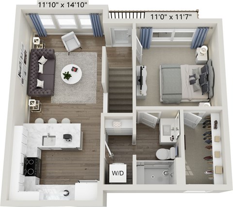 A floor plan of a small apartment with a living room, kitchen, and bedroom.