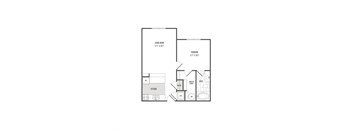A black and white floor plan of a small apartment with a living room, bedroom, kitchen, and bathroom.