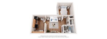 A 3D image of a small, modern, white-walled apartment with a bed, a desk, and a kitchenette.