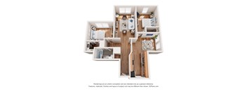 A 3D floor plan of a house with a kitchen, living room, and two bedrooms.