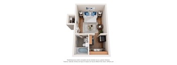 A 3D floor plan of a small apartment with a kitchen, living room, and bathroom.
