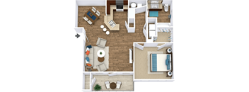 A top-down view of a living room, kitchen, and bedroom in a house.