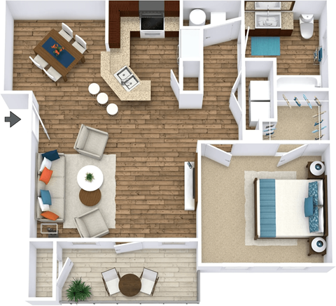 A top-down view of a living room, kitchen, and bedroom in a house.