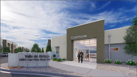 A rendering of a modern building entrance with the sign "ClubHouse"