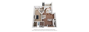 A 3D floor plan of a house with a kitchen, living room, and bedrooms.