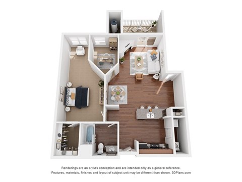 A 3D floor plan of a house with a kitchen, living room, and bedrooms.