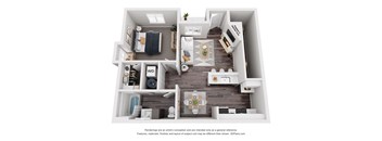 A 3D floor plan of a small apartment with a kitchen, living room, and bedroom.